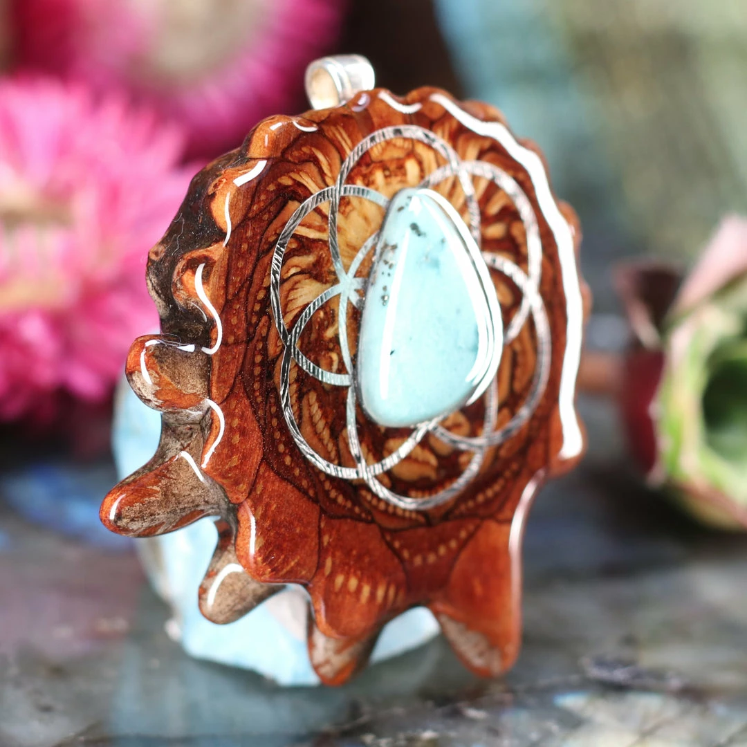 TEP Pendants Turquoise With Silver Seed Of Life 4 TEP Pendants Turquoise With Silver Seed Of Life