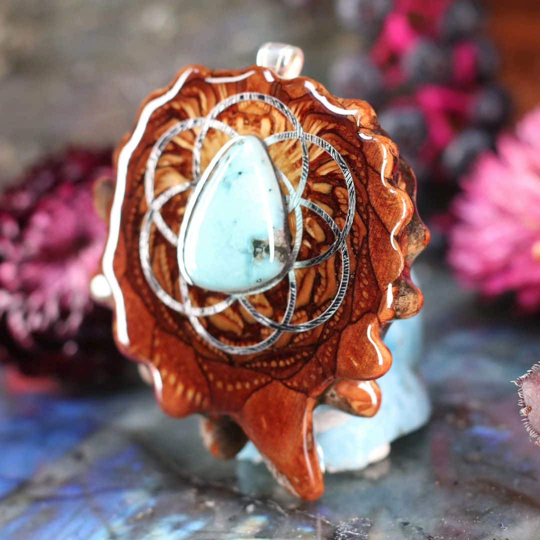 TEP Pendants Turquoise With Silver Seed Of Life 5 TEP Pendants Turquoise With Silver Seed Of Life