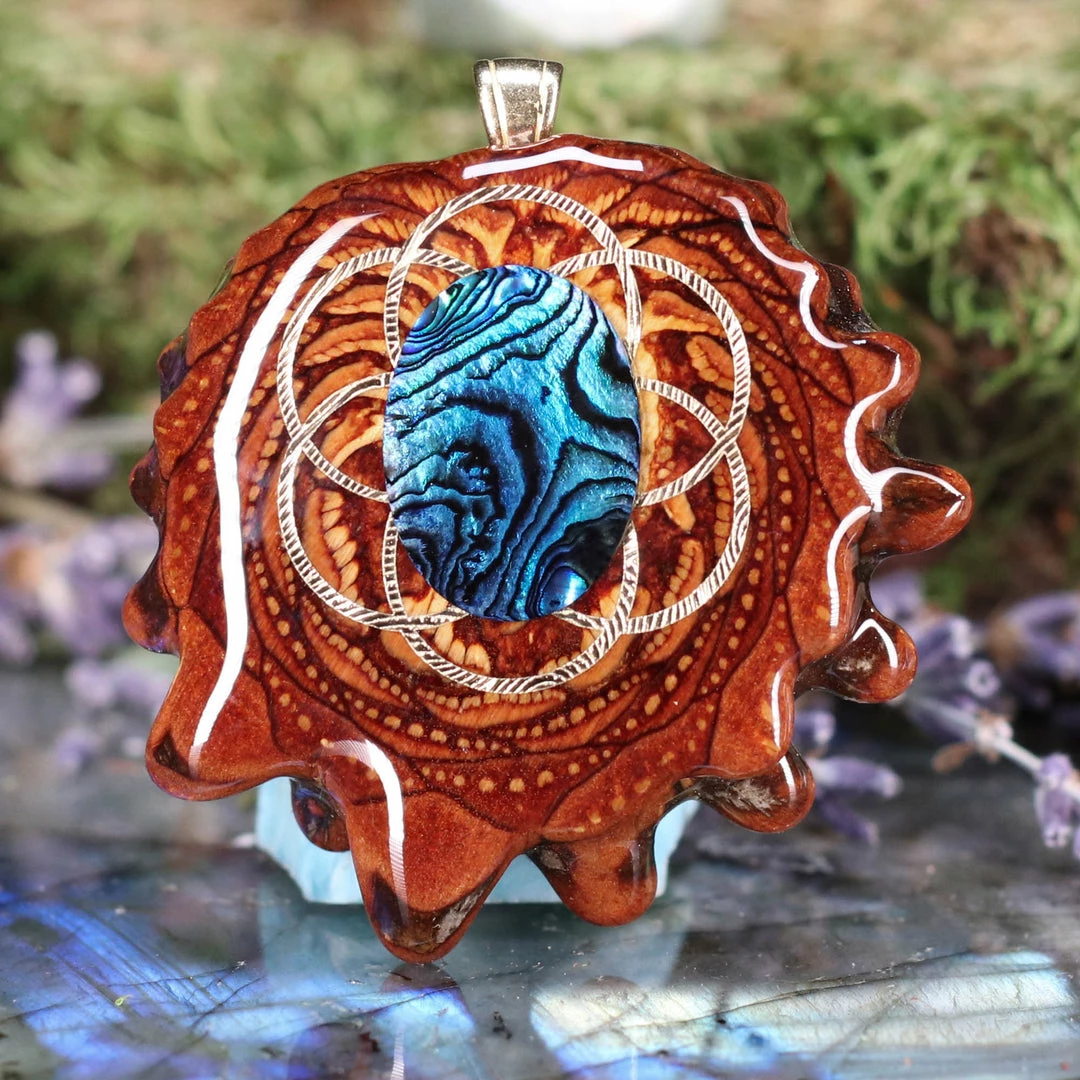 TEP Blue Paua Shell With Gold Seed Of Life And Back Om Pendants 3 TEP Blue Paua Shell With Gold Seed Of Life And Back Om Pendants