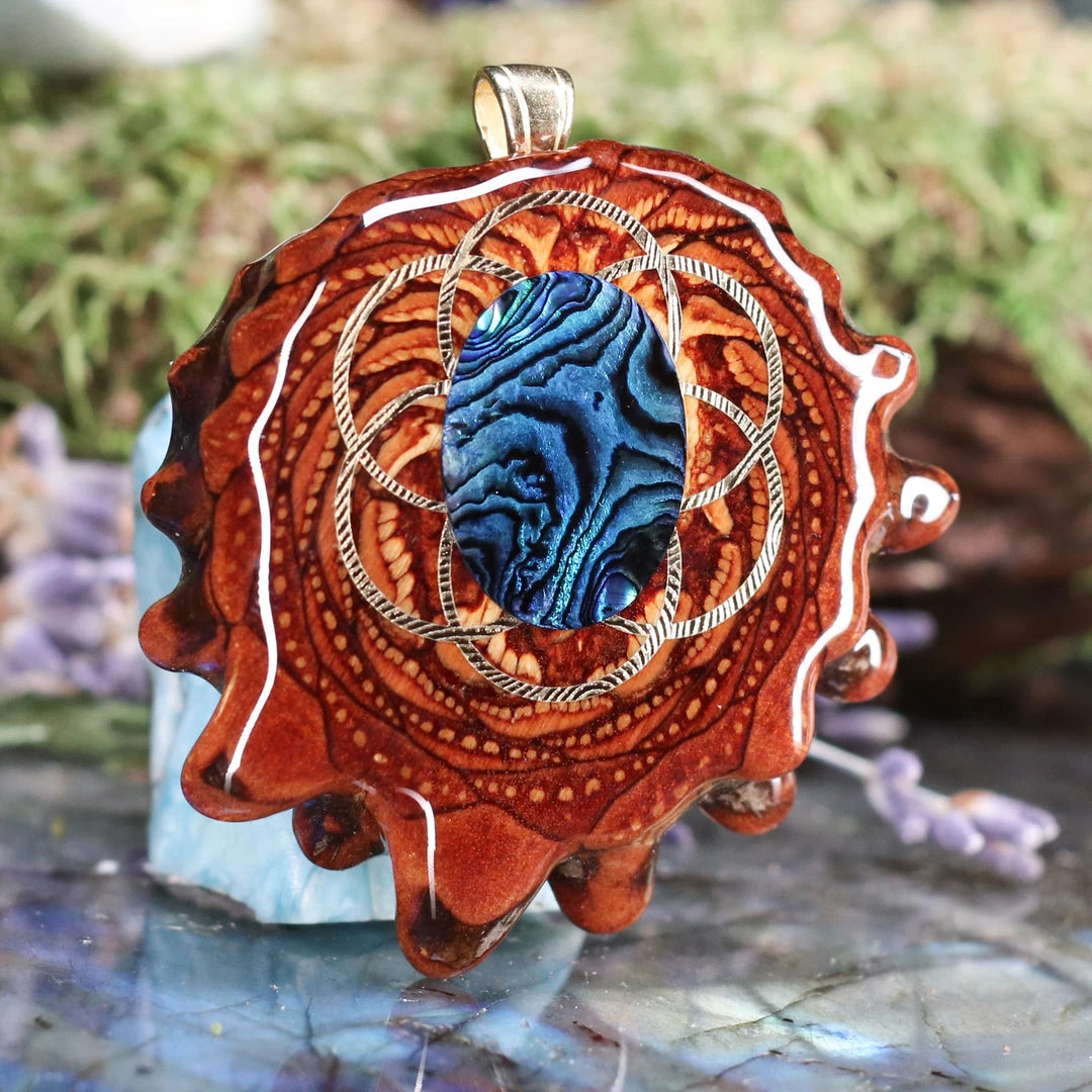 TEP Blue Paua Shell With Gold Seed Of Life And Back Om Pendants 5 TEP Blue Paua Shell With Gold Seed Of Life And Back Om Pendants