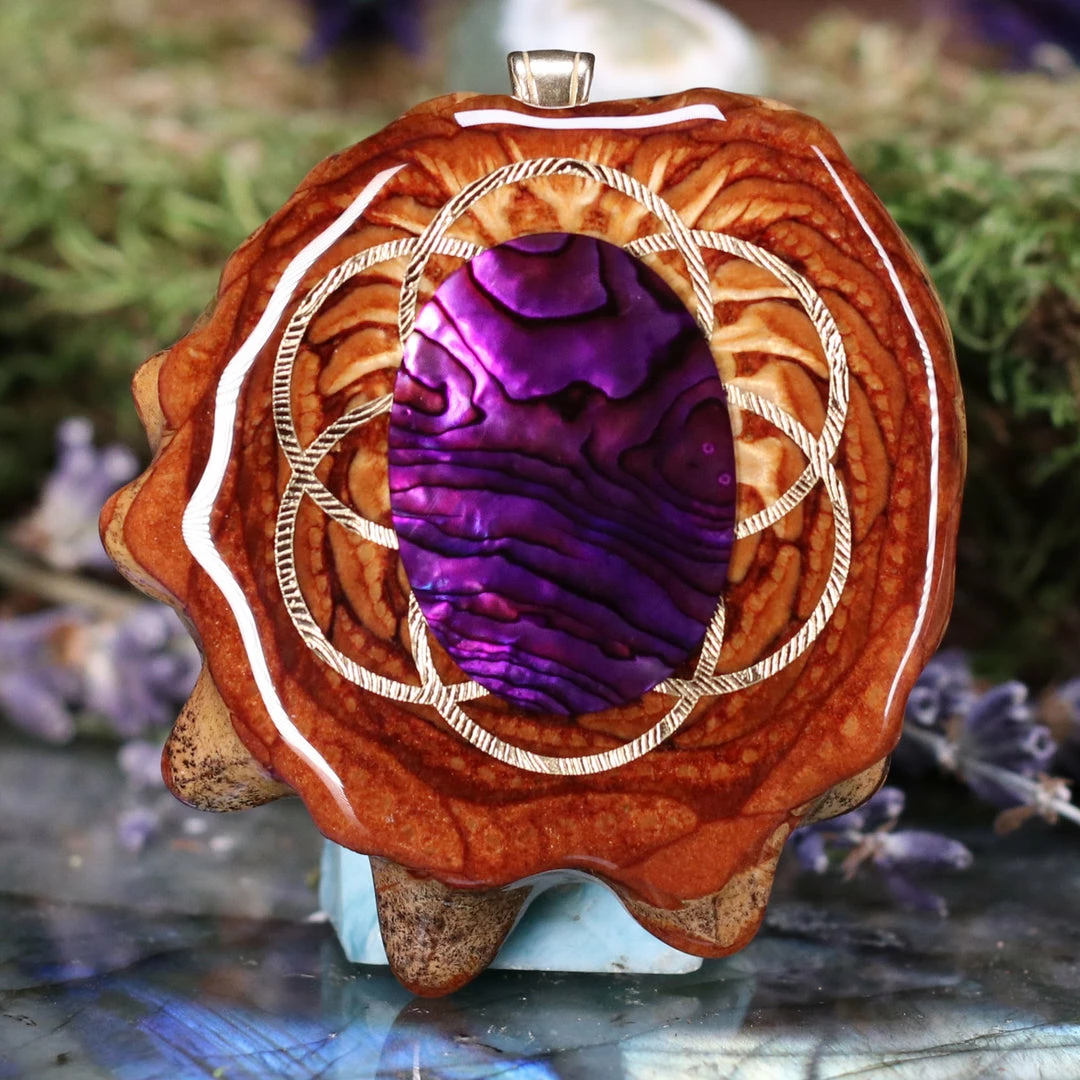 TEP Pendants Purple Paua Shell With Gold Seed Of Life 3 TEP Pendants Purple Paua Shell With Gold Seed Of Life