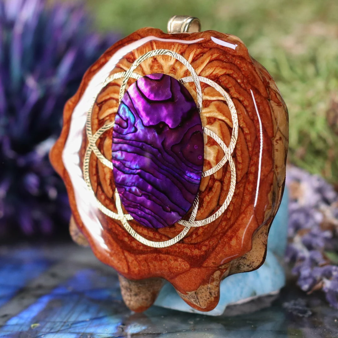 TEP Pendants Purple Paua Shell With Gold Seed Of Life 4 TEP Pendants Purple Paua Shell With Gold Seed Of Life