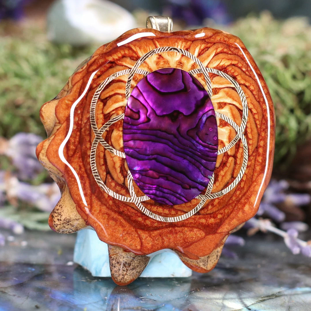 TEP Pendants Purple Paua Shell With Gold Seed Of Life 5 TEP Pendants Purple Paua Shell With Gold Seed Of Life
