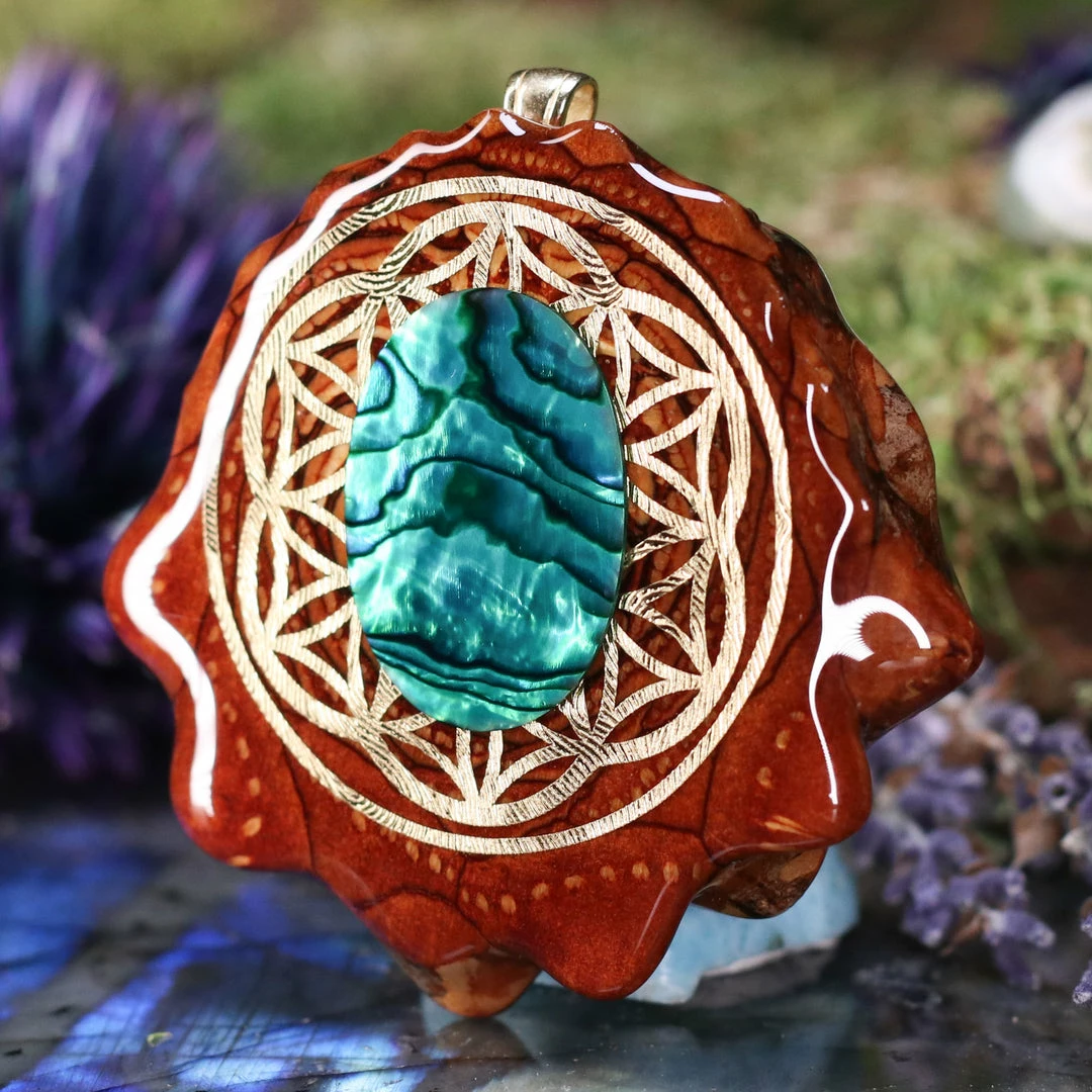 TEP Green Paua Shell With Gold Flower Of Life Pendants 4 TEP Green Paua Shell With Gold Flower Of Life Pendants