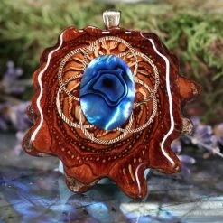 TEP Blue Paua Shell With Gold Seed Of Life And Back Om Pendants