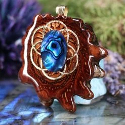 TEP Blue Paua Shell With Gold Seed Of Life And Back Om Pendants