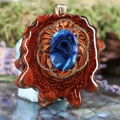 TEP Blue Paua Shell With Gold Seed Of Life And Back Om Pendants