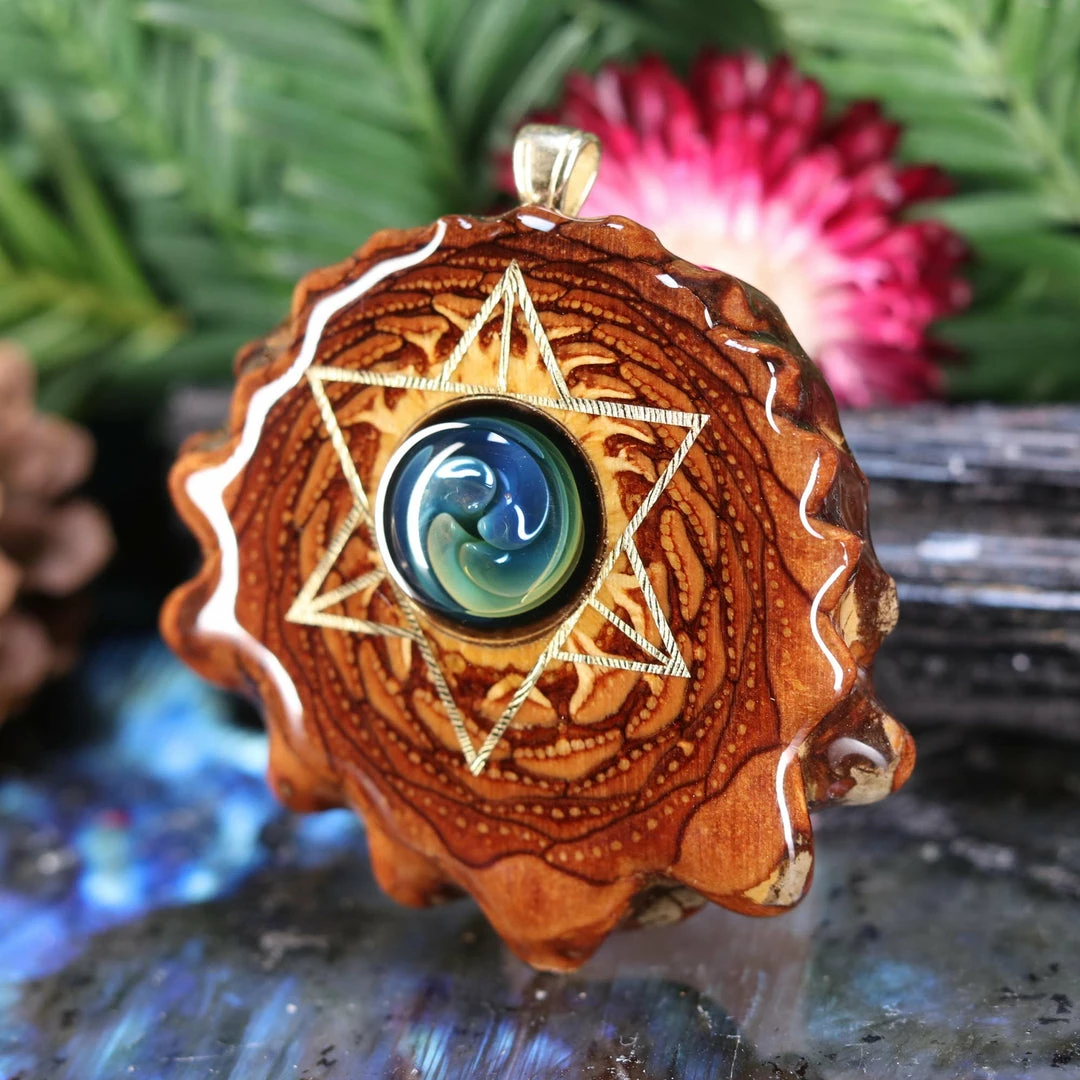 TEP Blue Fume Implosion Glass With Gold Merkaba And Back Om Pendants 4 TEP Blue Fume Implosion Glass With Gold Merkaba And Back Om Pendants