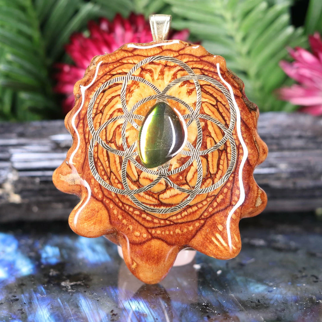 TEP Ammolite With Gold Seed Of Life Pendants 3 TEP Ammolite With Gold Seed Of Life Pendants