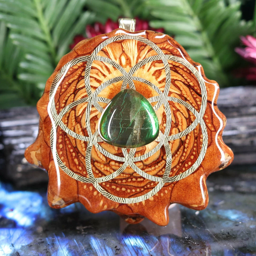 TEP Pendants Ammolite With Gold Seed Of Life And Back Om 3 TEP Pendants Ammolite With Gold Seed Of Life And Back Om