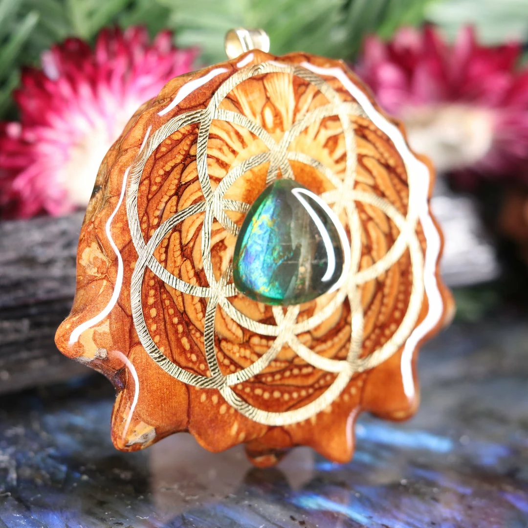 TEP Pendants Ammolite With Gold Seed Of Life And Back Om 5 TEP Pendants Ammolite With Gold Seed Of Life And Back Om