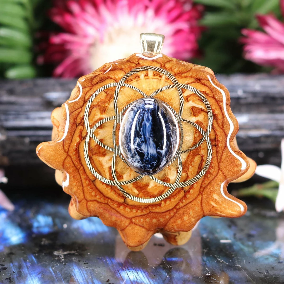 TEP Blue Pietersite With Gold Seed Of Life Pendants 3 TEP Blue Pietersite With Gold Seed Of Life Pendants