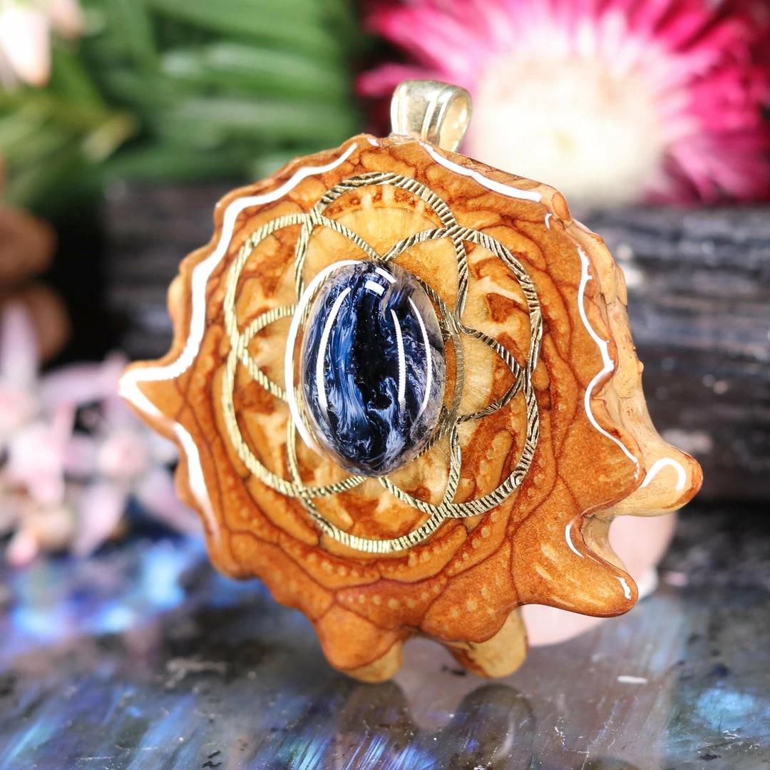 TEP Blue Pietersite With Gold Seed Of Life Pendants 4 TEP Blue Pietersite With Gold Seed Of Life Pendants