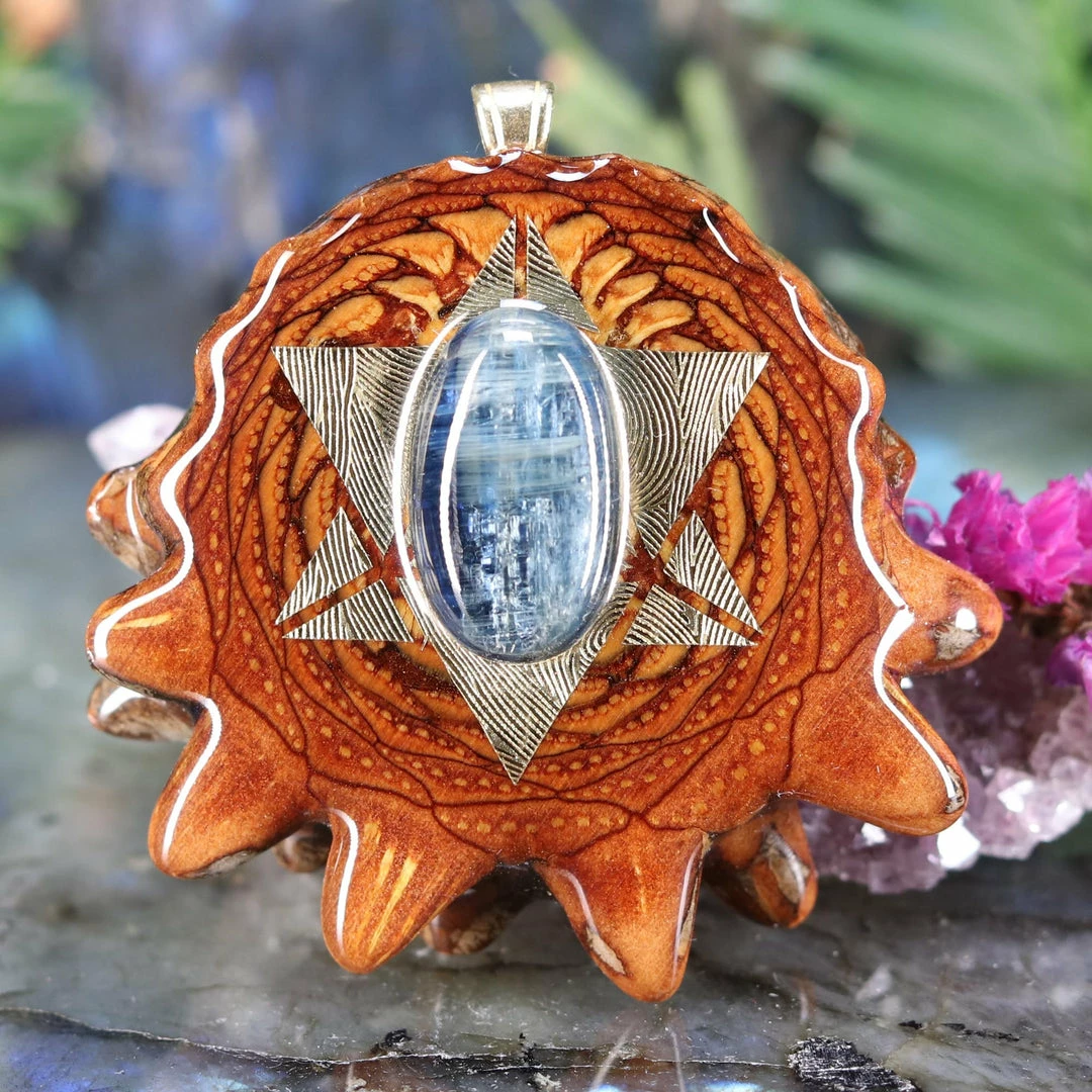 TEP Pendants Blue Kyanite With Gold Reverse Merkaba 3 TEP Pendants Blue Kyanite With Gold Reverse Merkaba