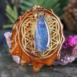 TEP Blue Kyanite With Gold Flower Of Life And Back Om