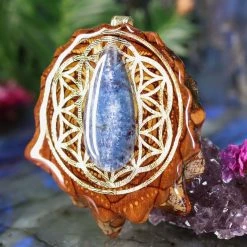 TEP Blue Kyanite With Gold Flower Of Life And Back Om