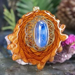 TEP Pendants Blue Kyanite With Gold Flower Of Life And Back Om