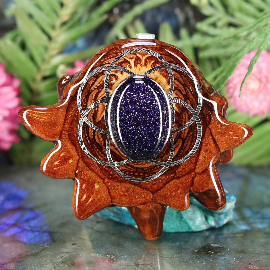 TEP Pendants Purple Goldstone With Silver Seed Of Life 3 TEP Pendants Purple Goldstone With Silver Seed Of Life