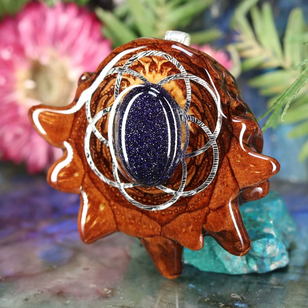 TEP Pendants Purple Goldstone With Silver Seed Of Life 4 TEP Pendants Purple Goldstone With Silver Seed Of Life