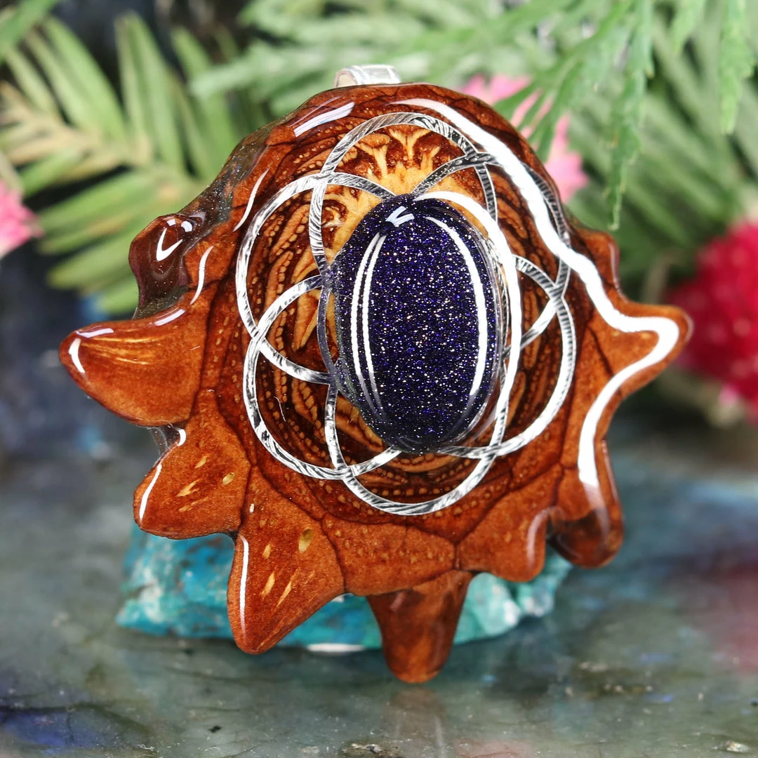 TEP Pendants Purple Goldstone With Silver Seed Of Life 5 TEP Pendants Purple Goldstone With Silver Seed Of Life