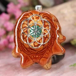 TEP Pendants Crushed Malachite (Glows) With Silver Seed Of Life 6 TEP Pendants Crushed Malachite (Glows) With Silver Seed Of Life