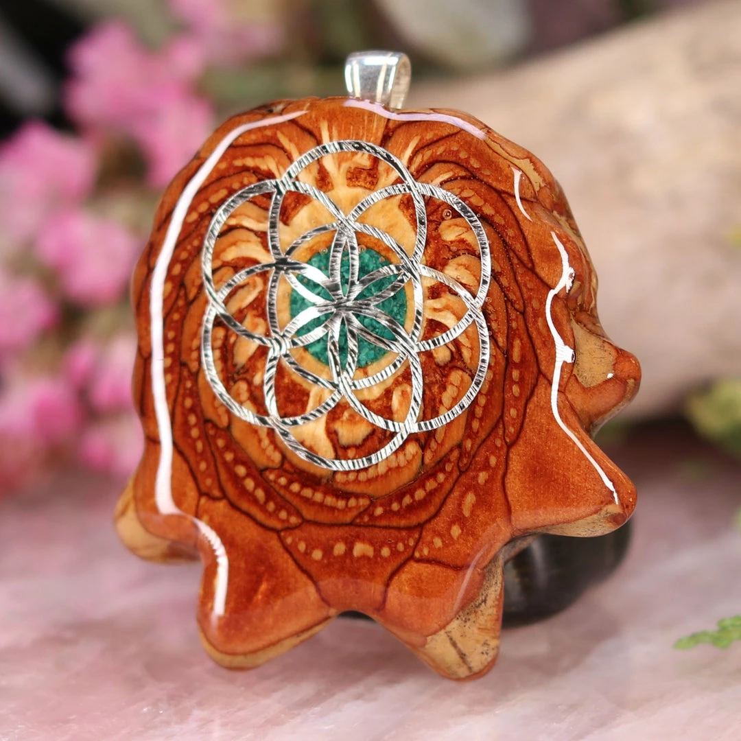 TEP Pendants Crushed Malachite (Glows) With Silver Seed Of Life 4 TEP Pendants Crushed Malachite (Glows) With Silver Seed Of Life