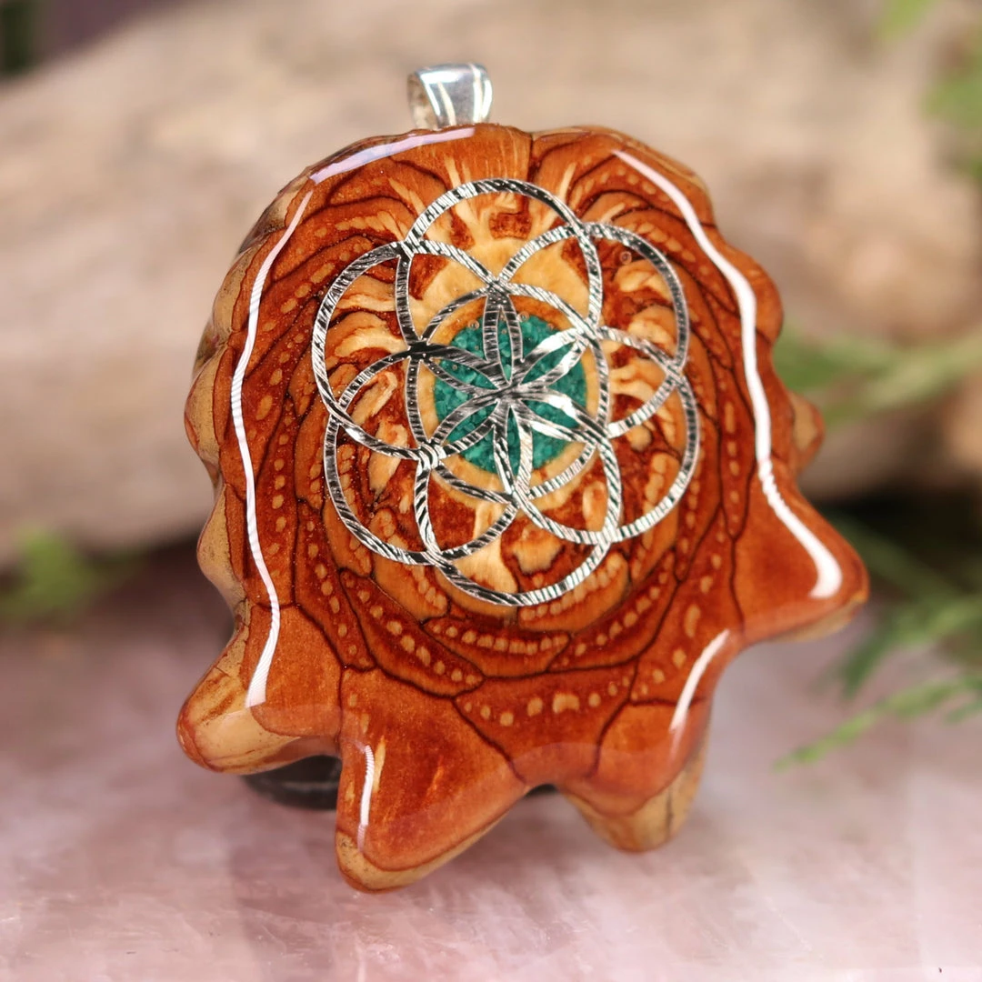 TEP Pendants Crushed Malachite (Glows) With Silver Seed Of Life 5 TEP Pendants Crushed Malachite (Glows) With Silver Seed Of Life