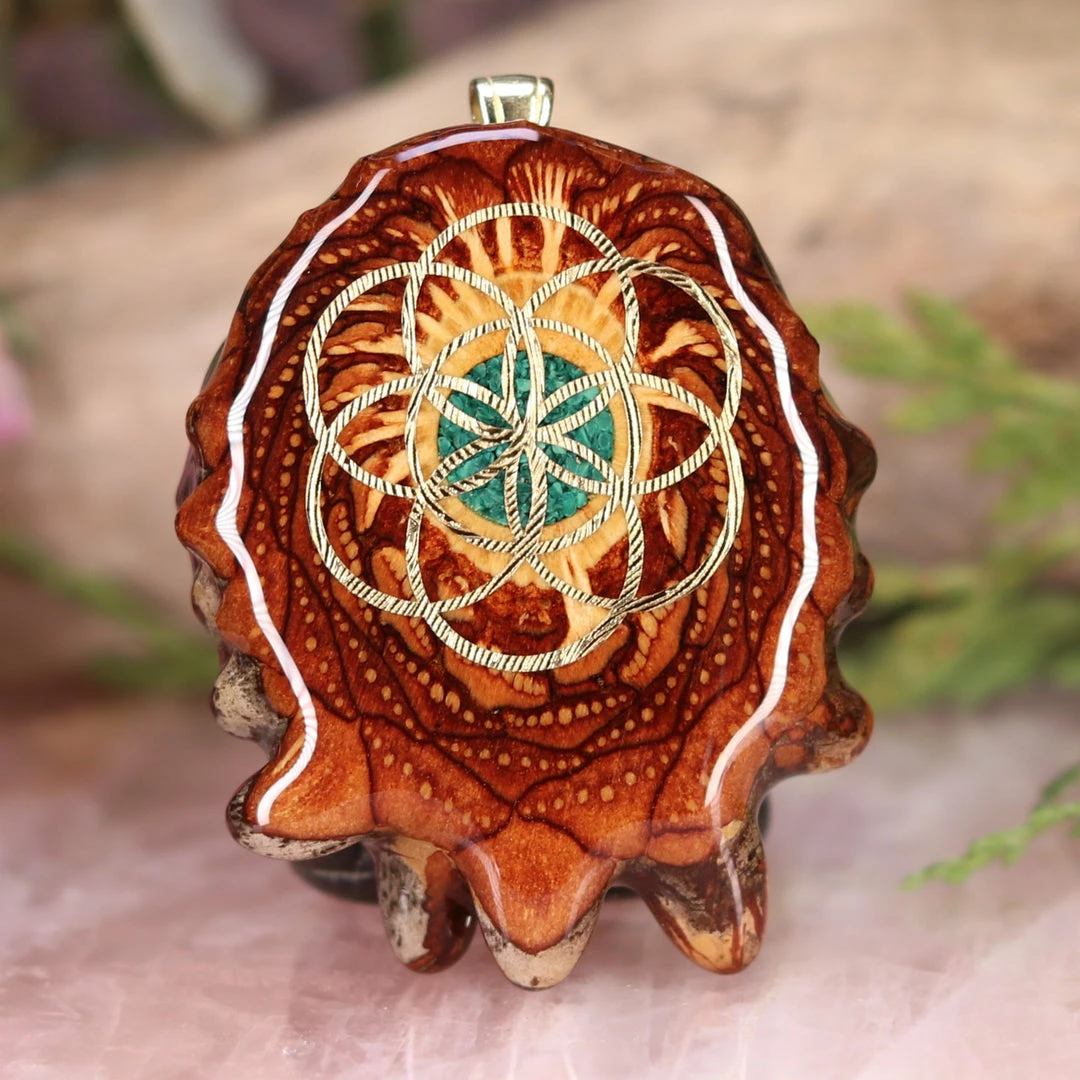 TEP Crushed Malachite (Glows) With Gold Seed Of Life Pendants 3 TEP Crushed Malachite (Glows) With Gold Seed Of Life Pendants