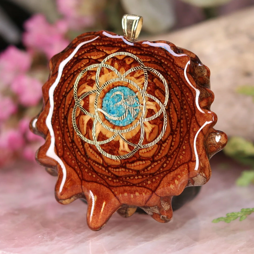 TEP Crushed Turquoise (Glows) With Gold Seed Of Life And Front Om 4 TEP Crushed Turquoise (Glows) With Gold Seed Of Life And Front Om