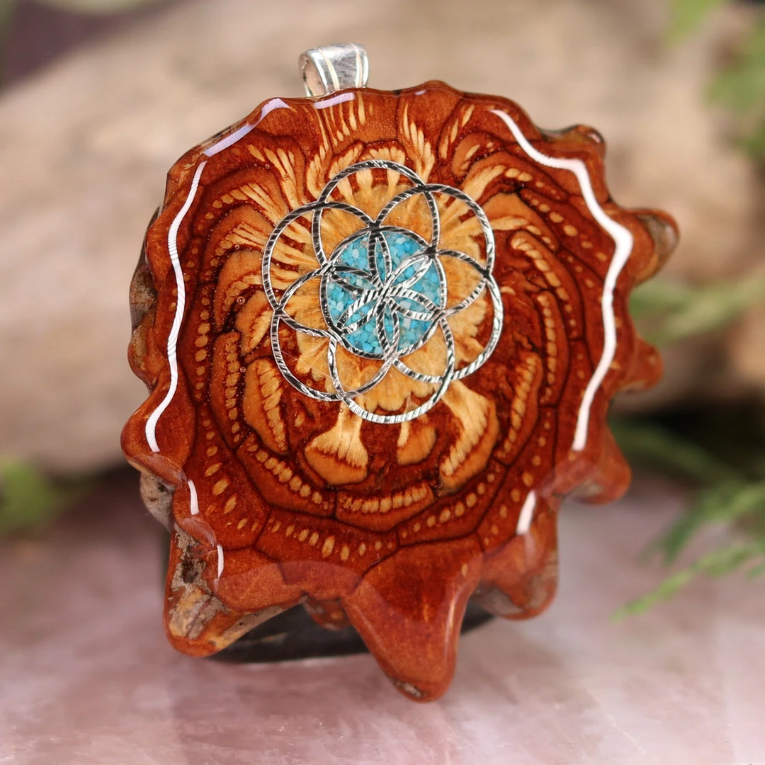 TEP Crushed Turquoise (Glows) With Silver Seed Of Life Pendants 5 TEP Crushed Turquoise (Glows) With Silver Seed Of Life Pendants