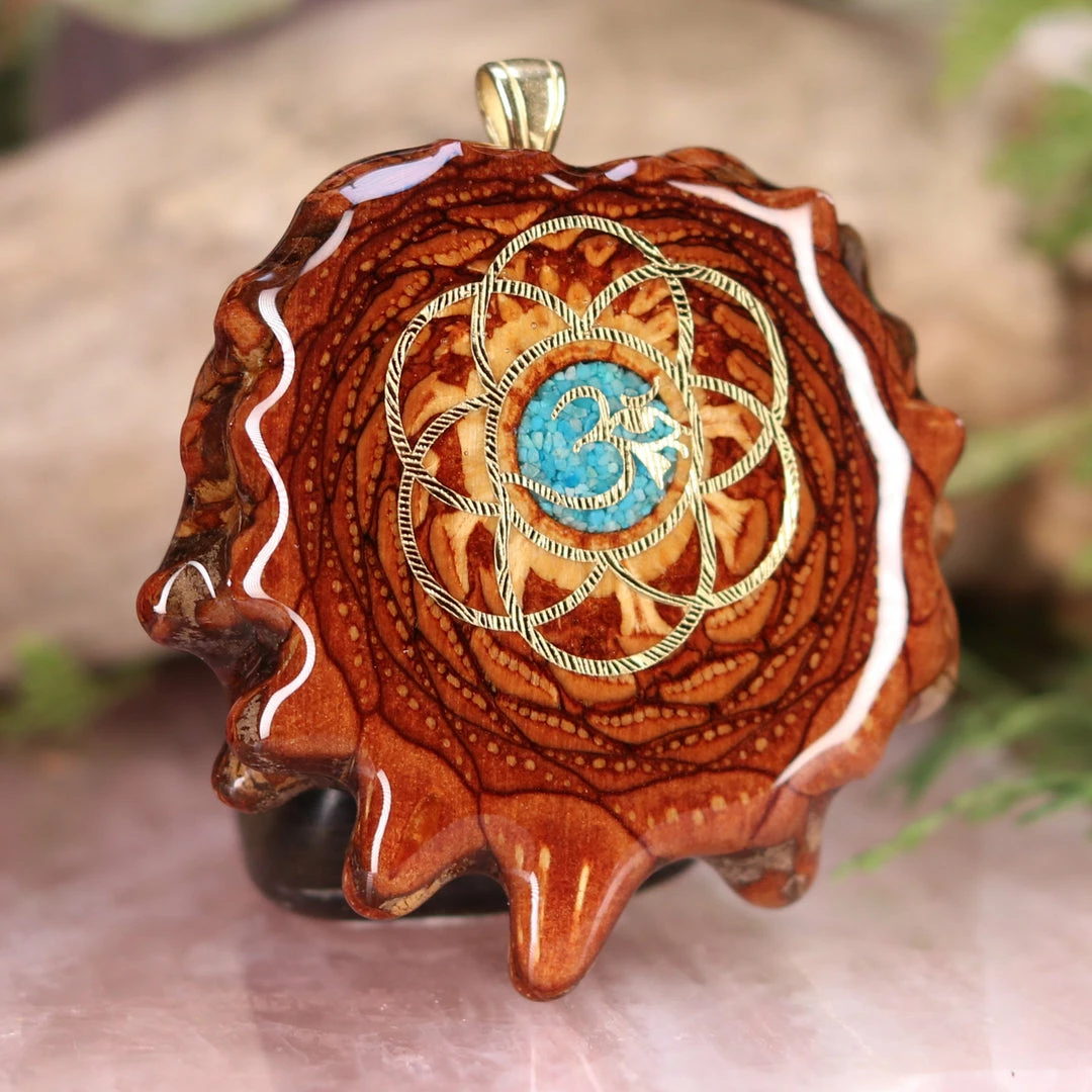 TEP Crushed Turquoise (Glows) With Gold Seed Of Life And Front Om 5 TEP Crushed Turquoise (Glows) With Gold Seed Of Life And Front Om