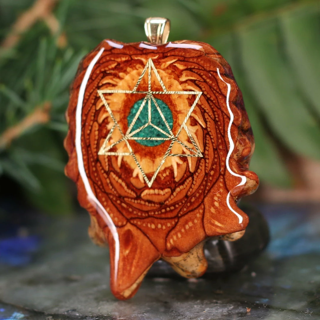 TEP Pendants Crushed Malachite (Glows) With Gold Merkaba 4 TEP Pendants Crushed Malachite (Glows) With Gold Merkaba