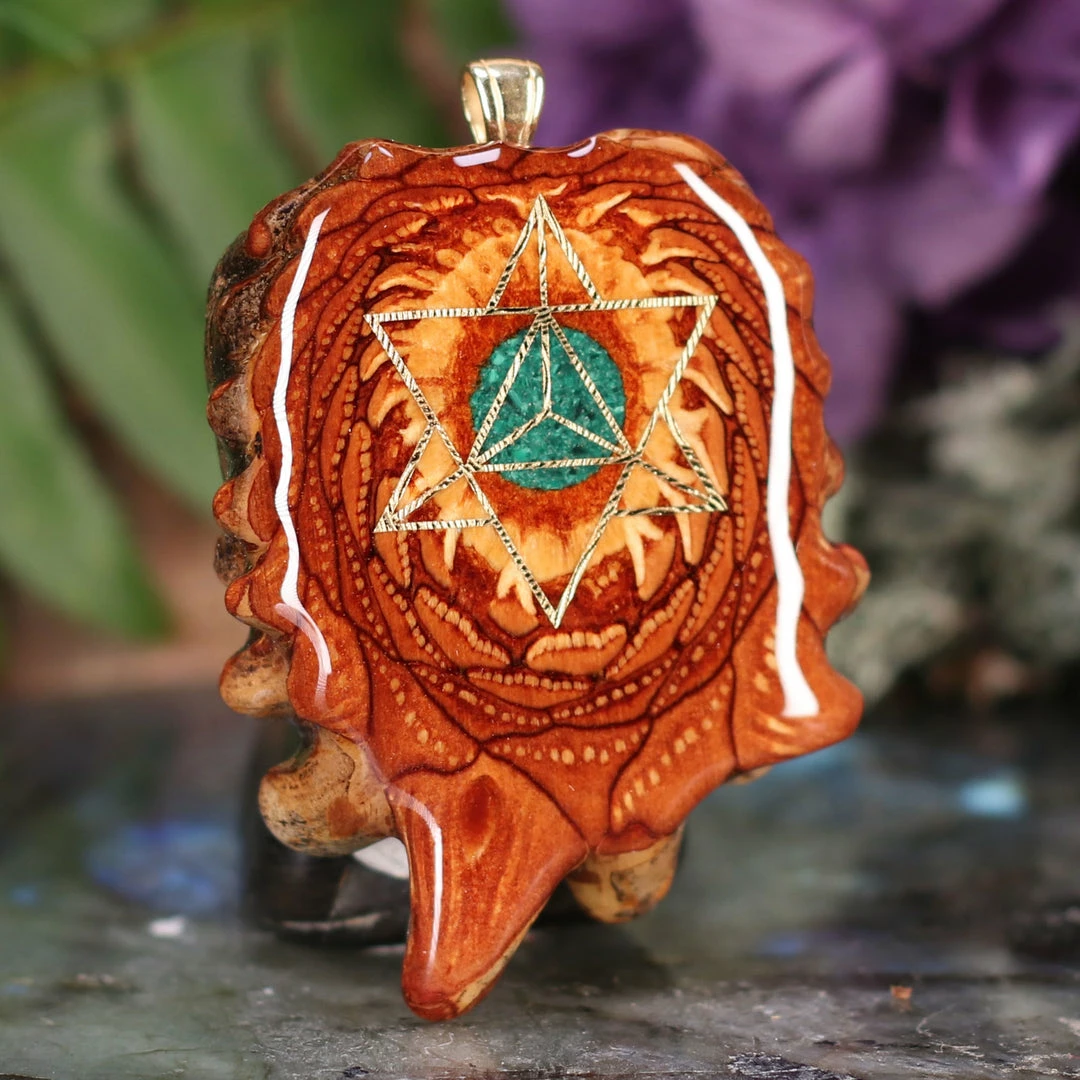 TEP Pendants Crushed Malachite (Glows) With Gold Merkaba 5 TEP Pendants Crushed Malachite (Glows) With Gold Merkaba