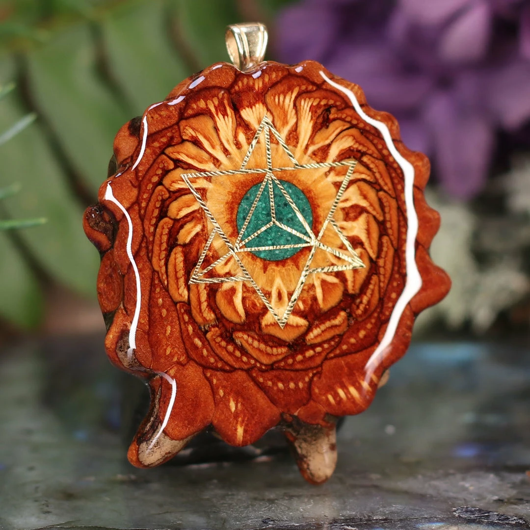 TEP Pendants Crushed Malachite (Glows) With Gold Merkaba 5 TEP Pendants Crushed Malachite (Glows) With Gold Merkaba