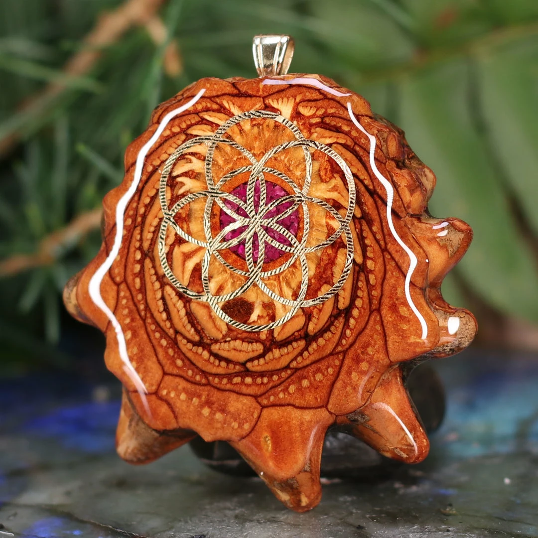 TEP Crushed Sugilite (Glows) With Gold Seed Of Life Pendants 4 TEP Crushed Sugilite (Glows) With Gold Seed Of Life Pendants