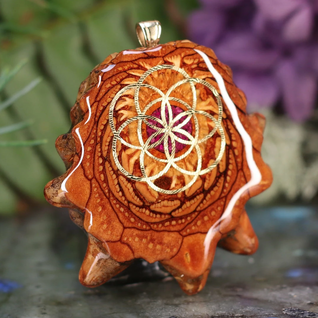 TEP Crushed Sugilite (Glows) With Gold Seed Of Life Pendants 5 TEP Crushed Sugilite (Glows) With Gold Seed Of Life Pendants