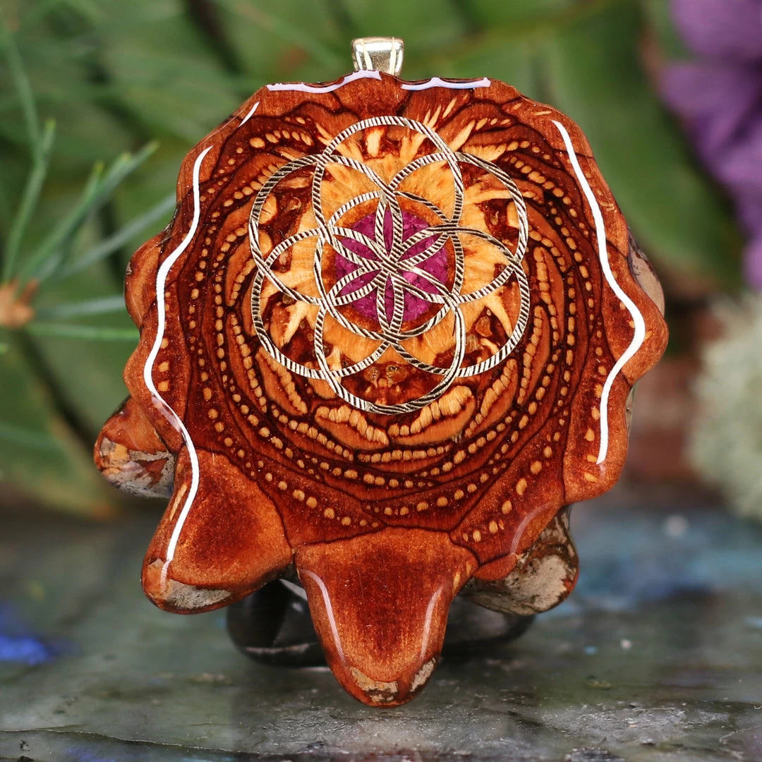 TEP Pendants Crushed Sugilite (Glows) With Gold Seed Of Life 3 TEP Pendants Crushed Sugilite (Glows) With Gold Seed Of Life