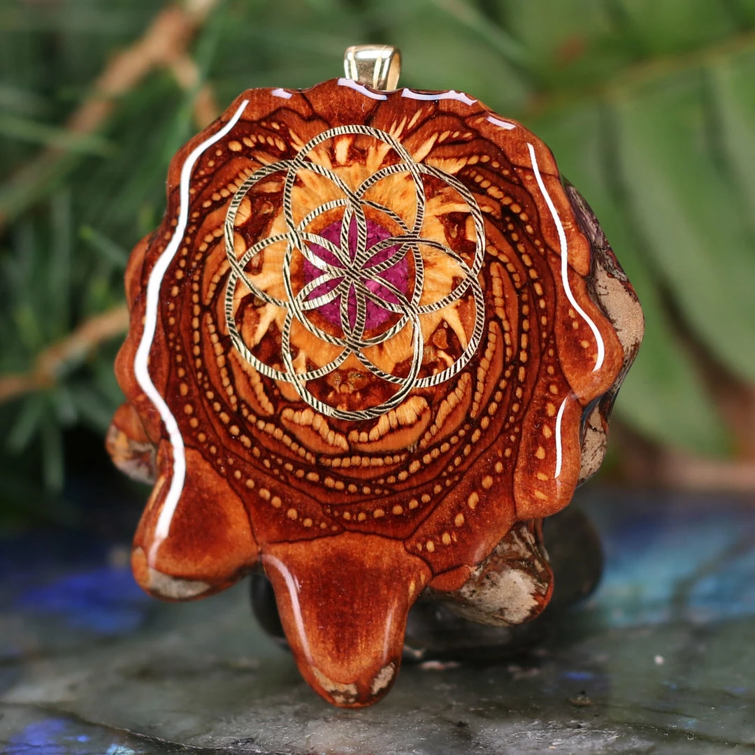 TEP Pendants Crushed Sugilite (Glows) With Gold Seed Of Life 4 TEP Pendants Crushed Sugilite (Glows) With Gold Seed Of Life