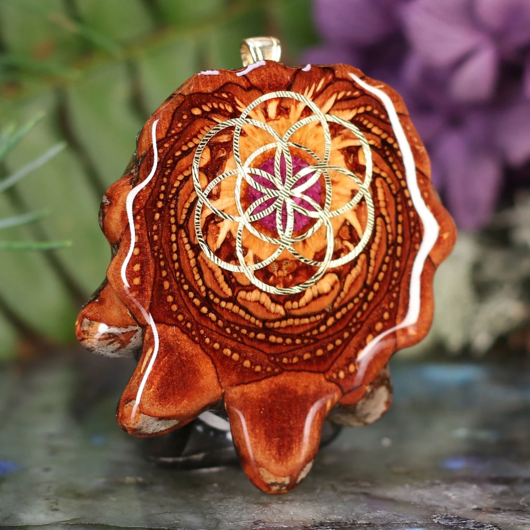 TEP Pendants Crushed Sugilite (Glows) With Gold Seed Of Life 5 TEP Pendants Crushed Sugilite (Glows) With Gold Seed Of Life