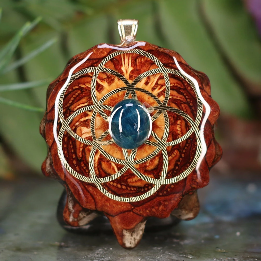 TEP Blue Apatite With Gold Seed Of Life Pendants 3 TEP Blue Apatite With Gold Seed Of Life Pendants