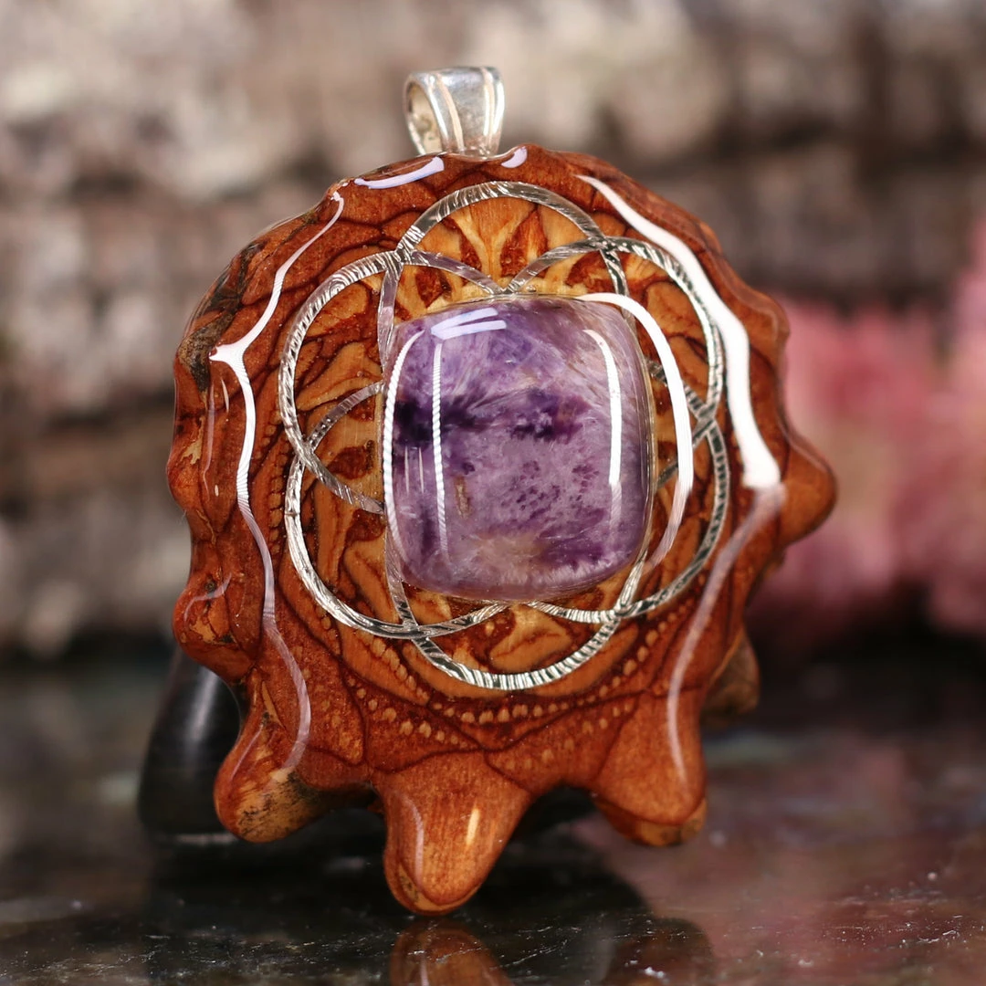 TEP Charoite With Silver Seed Of Life And Back Om 5 TEP Charoite With Silver Seed Of Life And Back Om