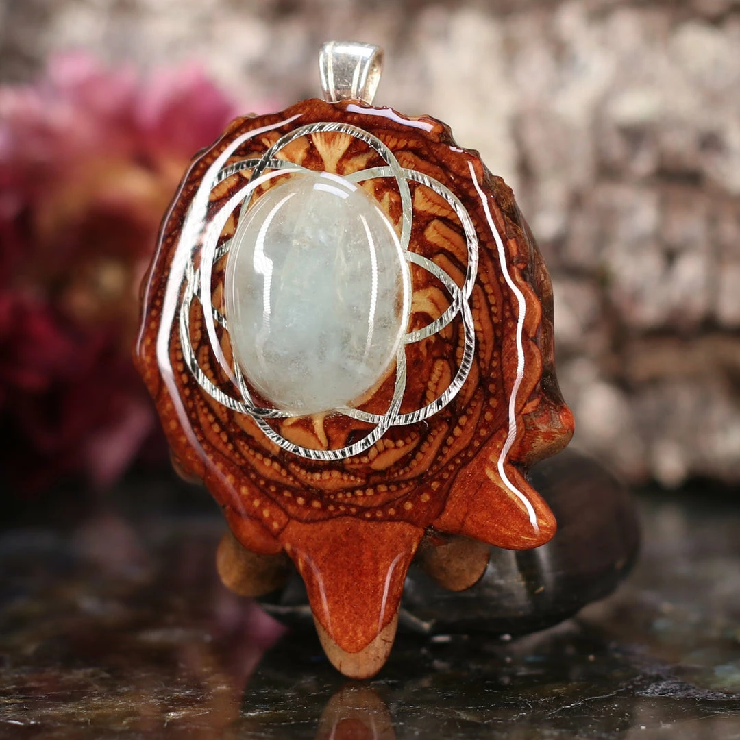 TEP Aquamarine With Silver Seed Of Life And Back Om 4 TEP Aquamarine With Silver Seed Of Life And Back Om