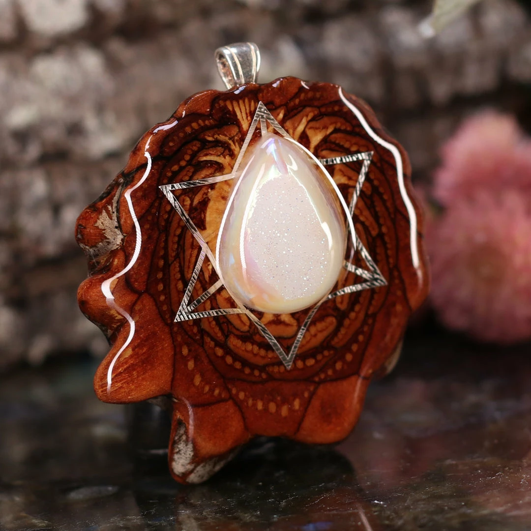 TEP White Druzy Quartz With Silver Merkaba Pendants 5 TEP White Druzy Quartz With Silver Merkaba Pendants