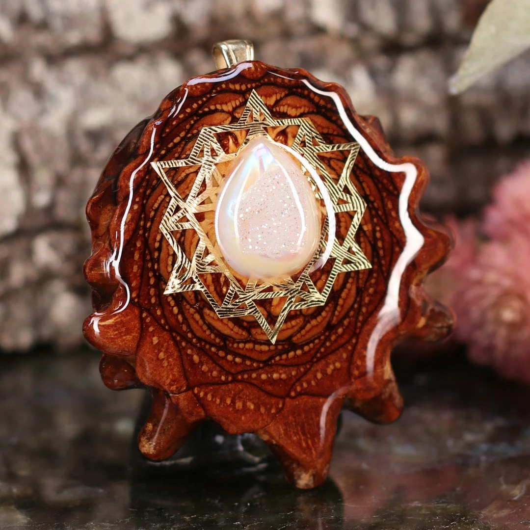 TEP Pendants White Druzy Quartz With Gold 64 Star Tetrahedron 5 TEP Pendants White Druzy Quartz With Gold 64 Star Tetrahedron