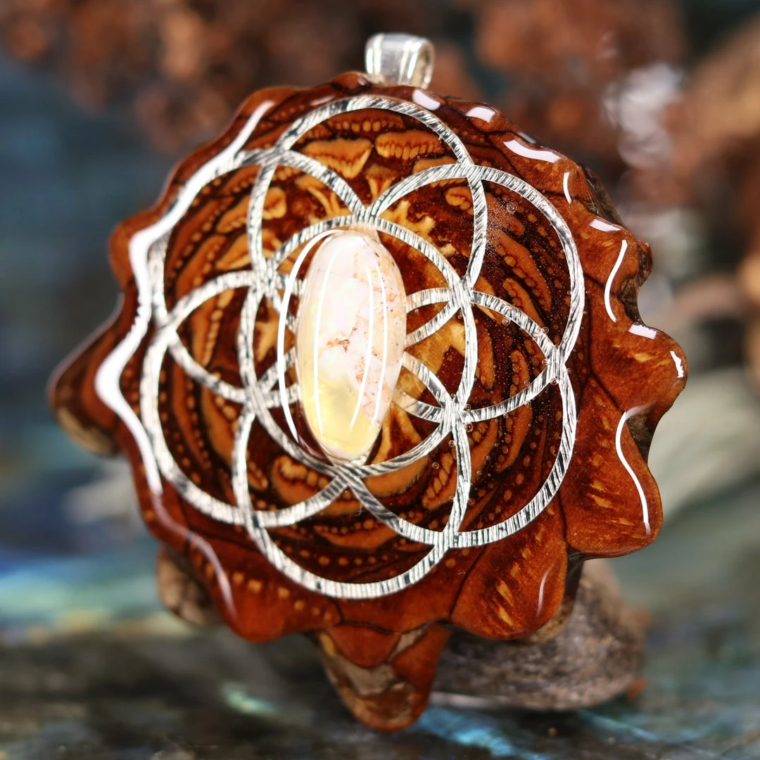 TEP Mexican Fire Opal With Silver Seed Of Life Pendants 4 TEP Mexican Fire Opal With Silver Seed Of Life Pendants