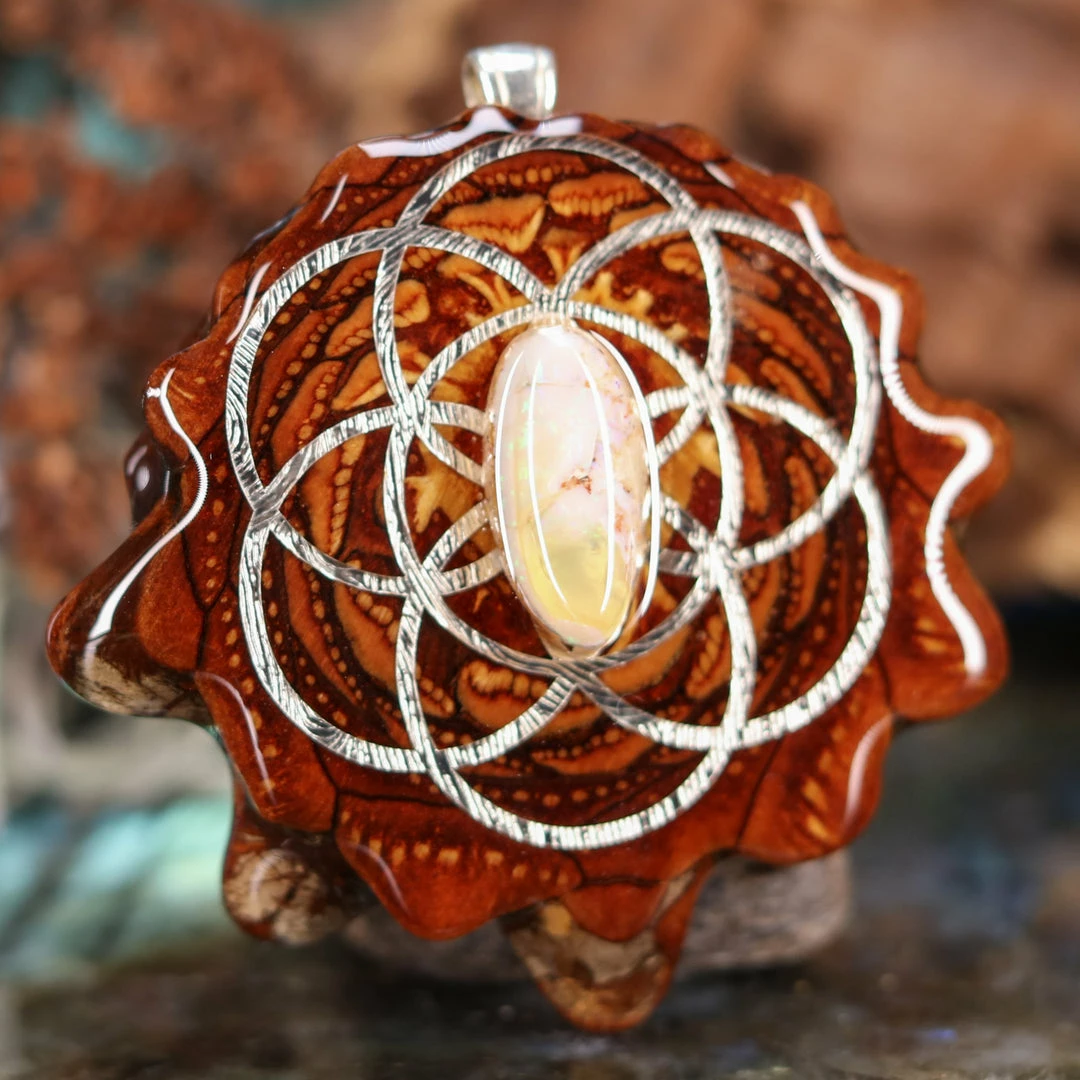 TEP Mexican Fire Opal With Silver Seed Of Life Pendants 5 TEP Mexican Fire Opal With Silver Seed Of Life Pendants