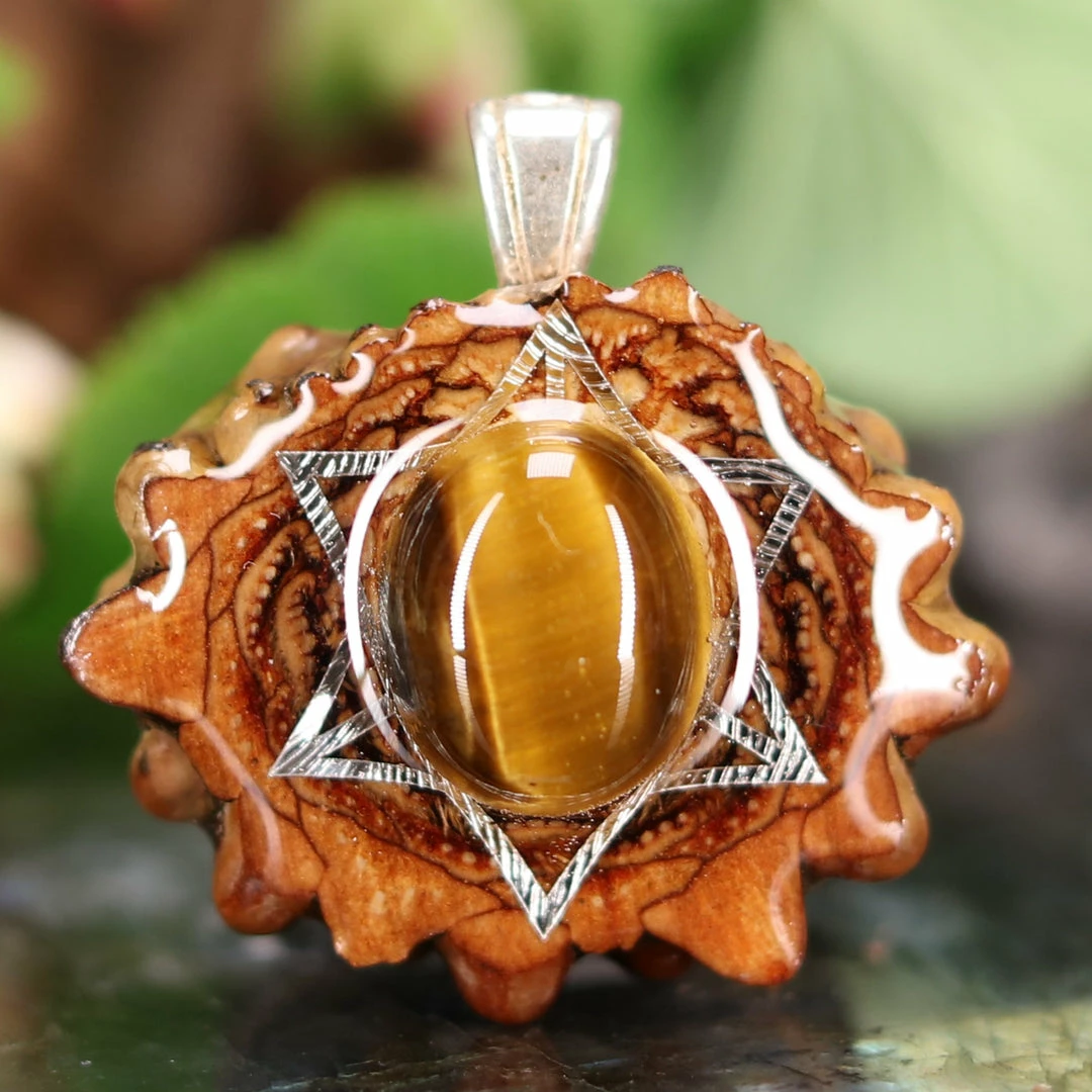 TEP Pendants Yellow Tiger's Eye With Silver Merkaba 3 TEP Pendants Yellow Tiger's Eye With Silver Merkaba