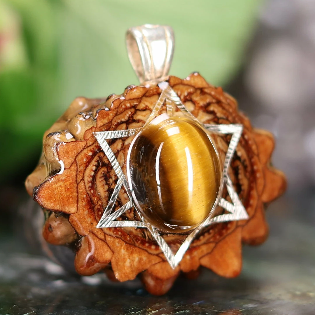 TEP Pendants Yellow Tiger's Eye With Silver Merkaba 5 TEP Pendants Yellow Tiger's Eye With Silver Merkaba