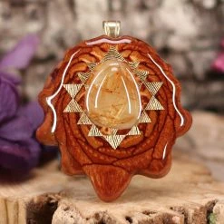 TEP Glowing Rutilated Quartz With Gold Sri Yantra Pendants