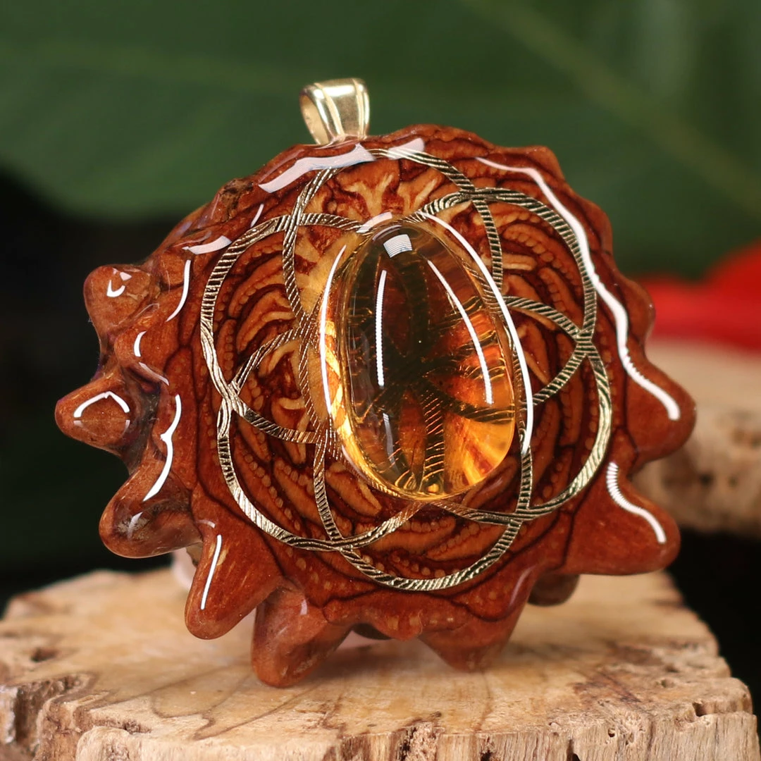 TEP Pendants Yellow Amber With Gold Seed Of Life 5 TEP Pendants Yellow Amber With Gold Seed Of Life